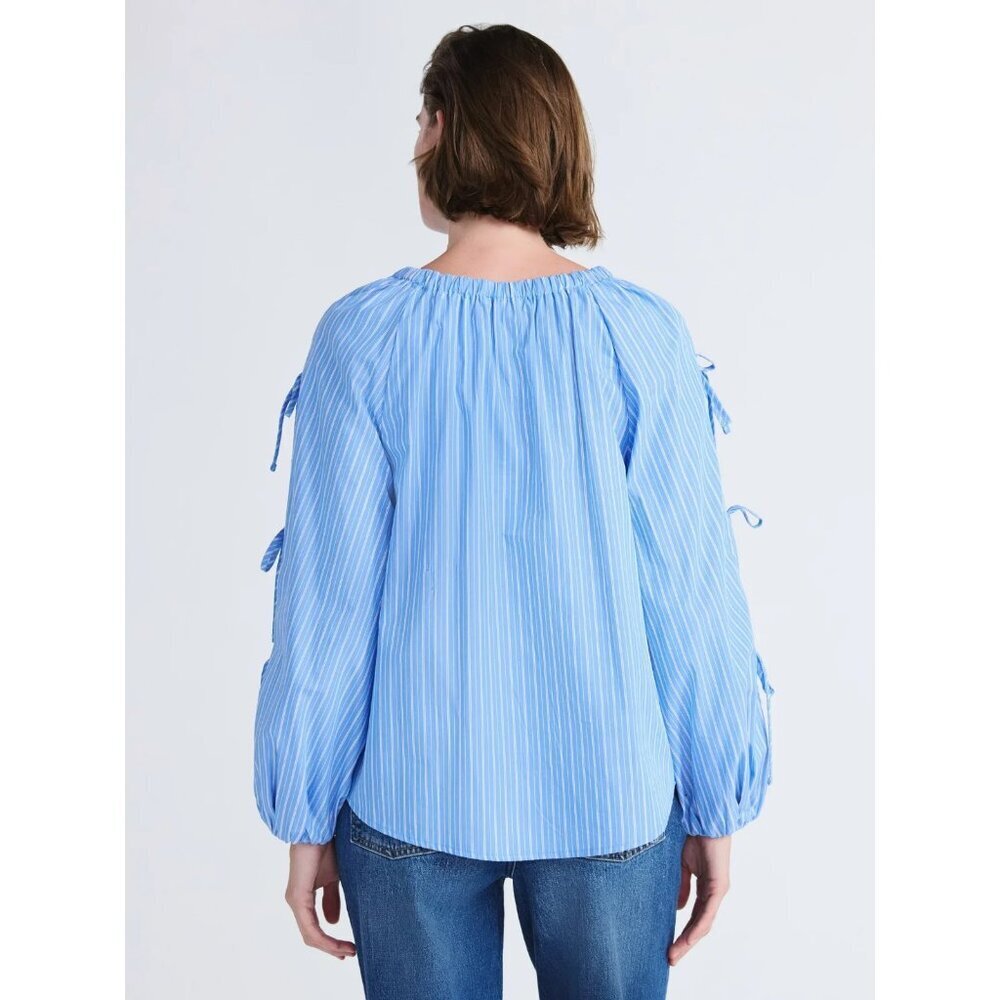 Free Assembly Women's Gathered Neck Cotton Top with Long Tie Sleeve, Size M(8-10 - Picture 3 of 4